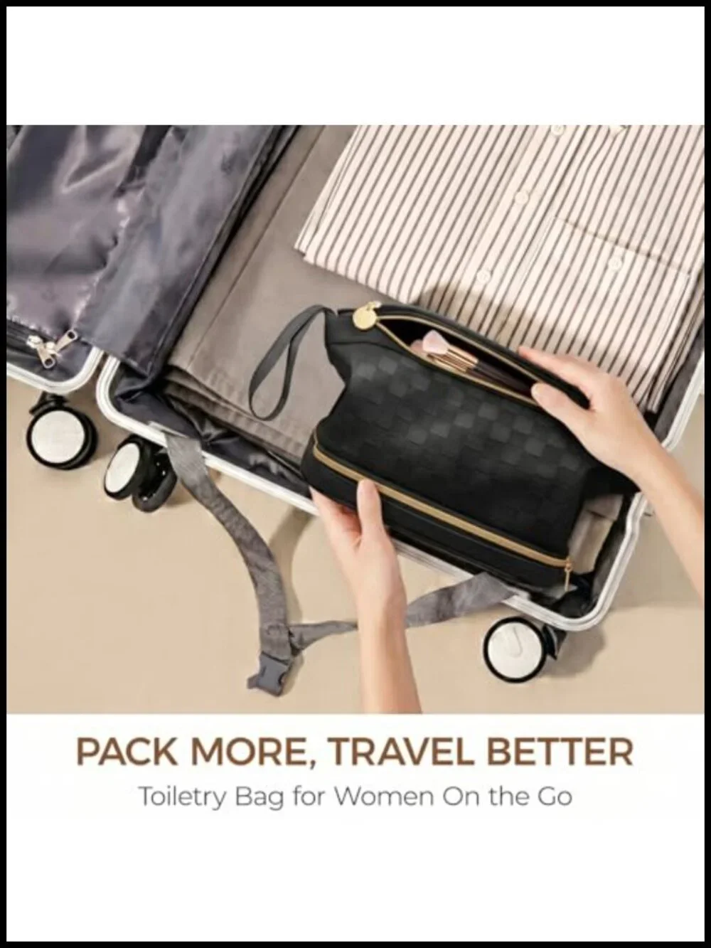 Large Double Layer Travel Makeup Bag with Brush Compartment Waterproof PU